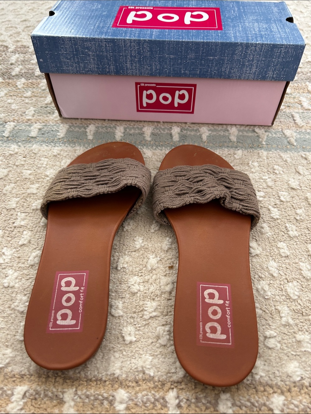 pop Brown Braided Strap Slide Sandals